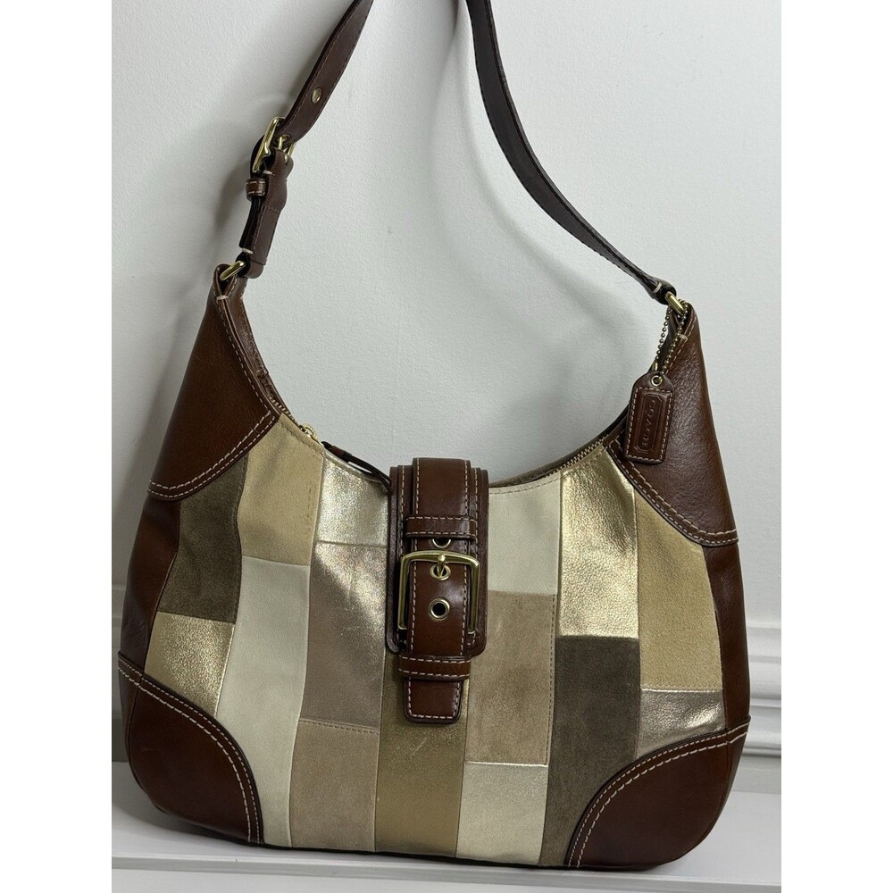 Coach Patchwork Suede Leather Hobo Bag Gold Metallic Brown Shoulder Bag